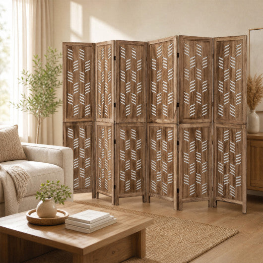 5.5 FT Tall Room Divider 6 Panels with Wave Cutout & Paulownia Frame for Room-Brown W2B