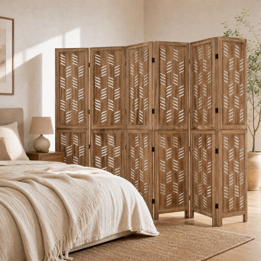 5.5 FT Tall Room Divider 6 Panels with Wave Cutout & Paulownia Frame for Room-Brown W2B