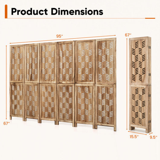 5.5 FT Tall Room Divider 6 Panels with Wave Cutout & Paulownia Frame for Room-Brown W2B