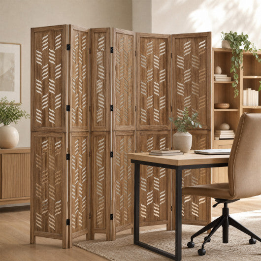5.5 FT Tall Room Divider 6 Panels with Wave Cutout & Paulownia Frame for Room-Brown W2B