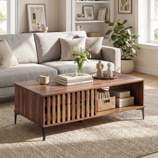 47 Inches Mid Century Coffee Table Farmhouse Wooden Center Table-Walnut W2B