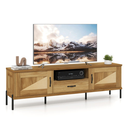 Rattan TV Stand for TVs up to 80" Mid Century Modern Media Console Table with 2 Storage Cabinets-Natural W2B