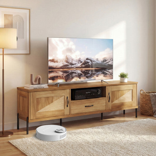 Rattan TV Stand for TVs up to 80" Mid Century Modern Media Console Table with 2 Storage Cabinets-Natural W2B
