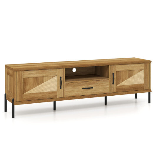 Rattan TV Stand for TVs up to 80" Mid Century Modern Media Console Table with 2 Storage Cabinets-Natural W2B