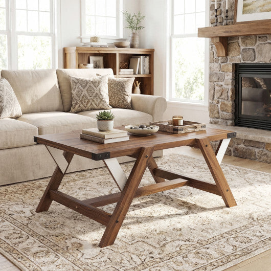 Farmhouse Center Table with Decorative Nailhead Accents for Living Room-Walnut W2B