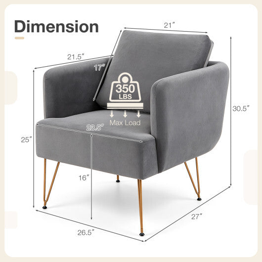 Modern Accent Chair w/Back Cushion & Golden Metal Legs for Living Room Bedroom-Gray W2B