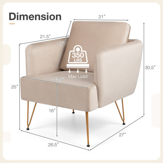 Modern Accent Chair w/Back Cushion & Golden Metal Legs for Living Room Bedroom-Gray W2B