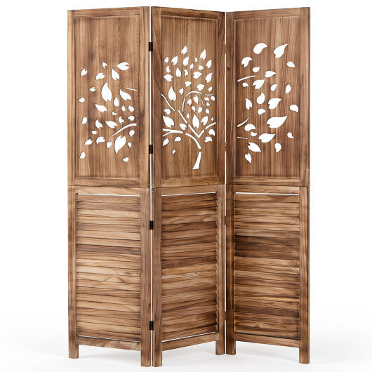 67" Folding Room Divider 3 Panels with Tree Cutout & Louver Design for Room-Rustic Brown W2B