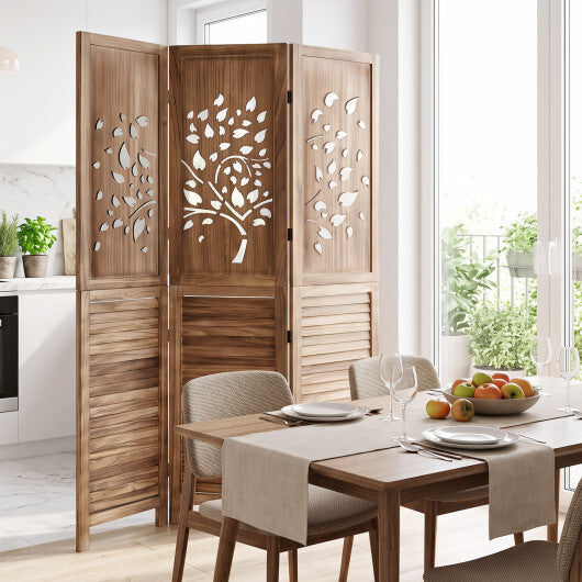 67" Folding Room Divider 3 Panels with Tree Cutout & Louver Design for Room-Rustic Brown W2B
