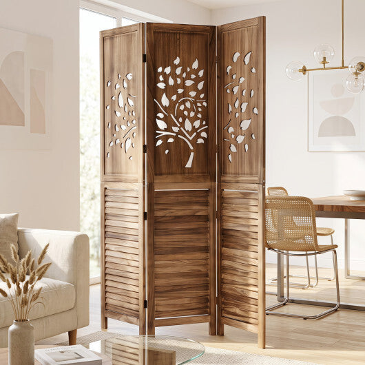 67" Folding Room Divider 3 Panels with Tree Cutout & Louver Design for Room-Rustic Brown W2B