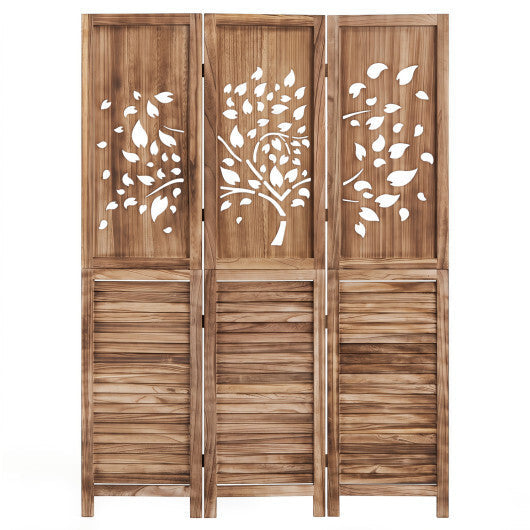 67" Folding Room Divider 3 Panels with Tree Cutout & Louver Design for Room-Rustic Brown W2B