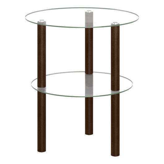 2-Tier Round End Table with Clear Tempered Glass Top and Shelf-Brown W2B