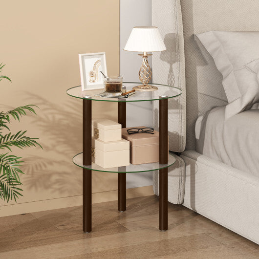 2-Tier Round End Table with Clear Tempered Glass Top and Shelf-Brown W2B