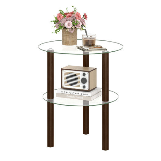 2-Tier Round End Table with Clear Tempered Glass Top and Shelf-Brown W2B