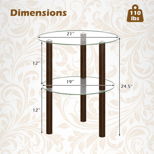 2-Tier Round End Table with Clear Tempered Glass Top and Shelf-Brown W2B