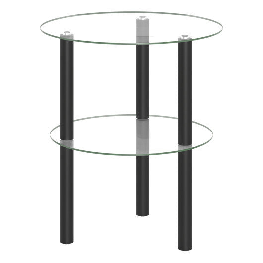 2-Tier Round End Table with Clear Tempered Glass Top and Shelf-Brown W2B