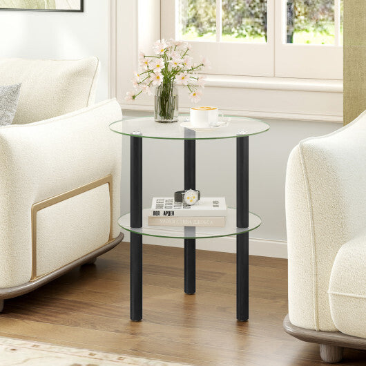 2-Tier Round End Table with Clear Tempered Glass Top and Shelf-Brown W2B