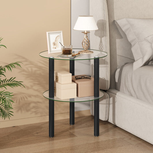 2-Tier Round End Table with Clear Tempered Glass Top and Shelf-Brown W2B