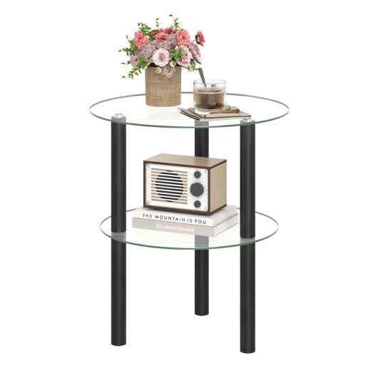 2-Tier Round End Table with Clear Tempered Glass Top and Shelf-Brown W2B