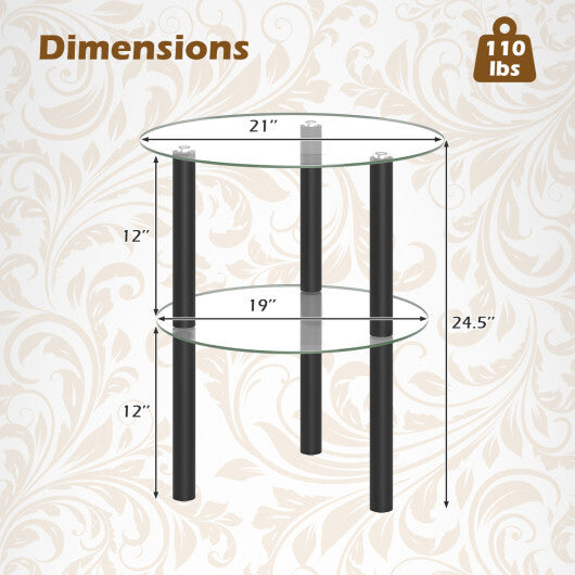 2-Tier Round End Table with Clear Tempered Glass Top and Shelf-Brown W2B