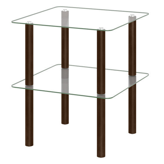 2-Tier Square End Table with Shelf and Clear Tempered Glass Top-Brown W2B