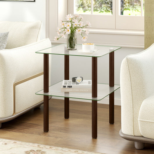 2-Tier Square End Table with Shelf and Clear Tempered Glass Top-Brown W2B
