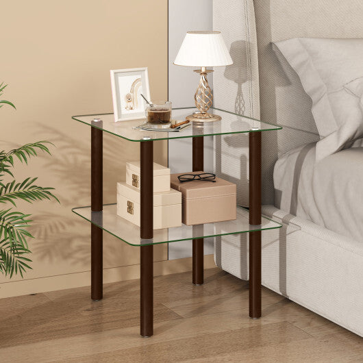2-Tier Square End Table with Shelf and Clear Tempered Glass Top-Brown W2B