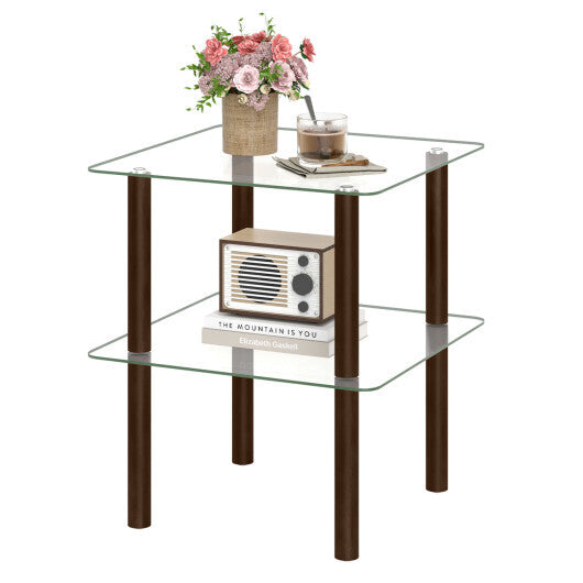 2-Tier Square End Table with Shelf and Clear Tempered Glass Top-Brown W2B