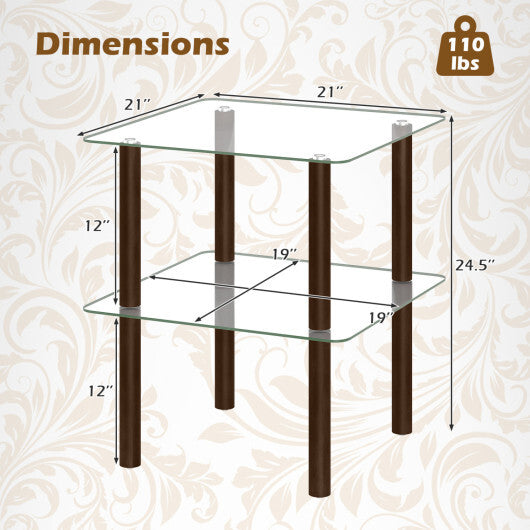 2-Tier Square End Table with Shelf and Clear Tempered Glass Top-Brown W2B