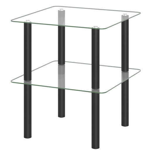 2-Tier Square End Table with Shelf and Clear Tempered Glass Top-Brown W2B