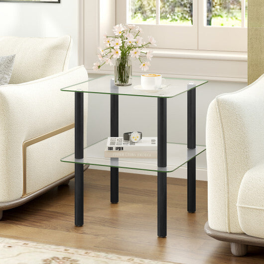 2-Tier Square End Table with Shelf and Clear Tempered Glass Top-Brown W2B