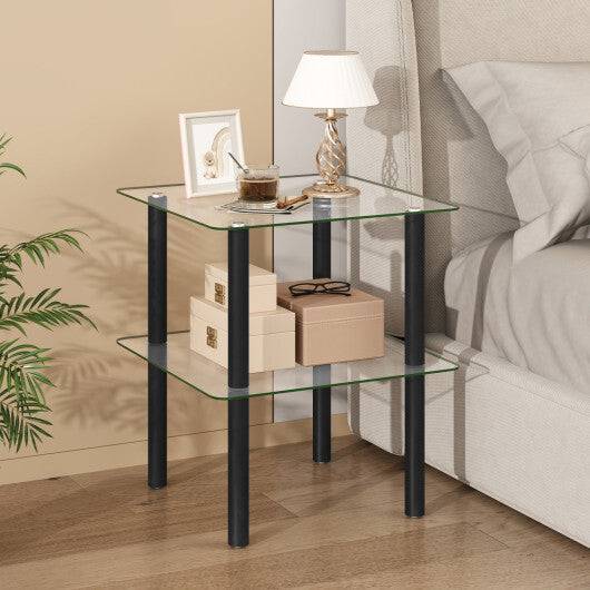 2-Tier Square End Table with Shelf and Clear Tempered Glass Top-Brown W2B