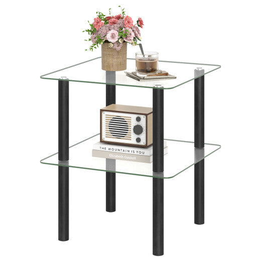 2-Tier Square End Table with Shelf and Clear Tempered Glass Top-Brown W2B
