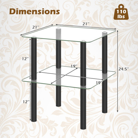 2-Tier Square End Table with Shelf and Clear Tempered Glass Top-Brown W2B