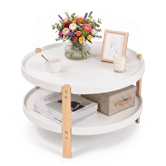 23.5" 2-Tier Round Coffee Table with Solid Wood Legs and Open Storage Shelf-White W2B