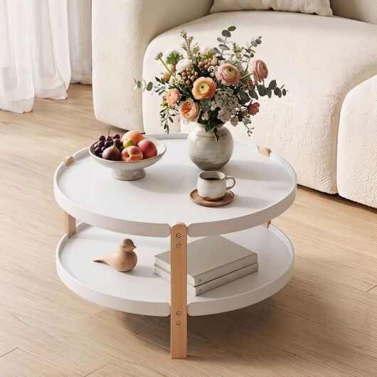 23.5" 2-Tier Round Coffee Table with Solid Wood Legs and Open Storage Shelf-White W2B