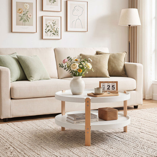 23.5" 2-Tier Round Coffee Table with Solid Wood Legs and Open Storage Shelf-White W2B