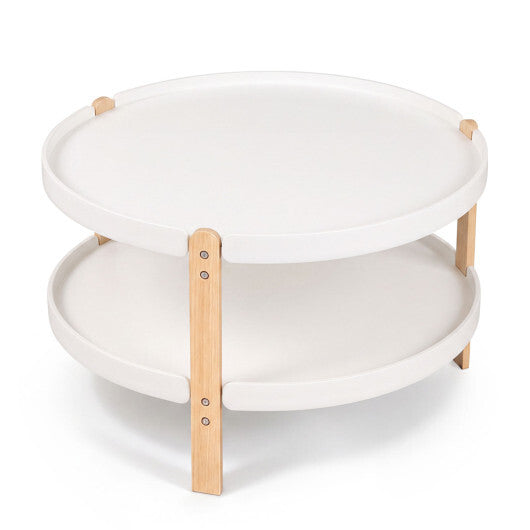 23.5" 2-Tier Round Coffee Table with Solid Wood Legs and Open Storage Shelf-White W2B