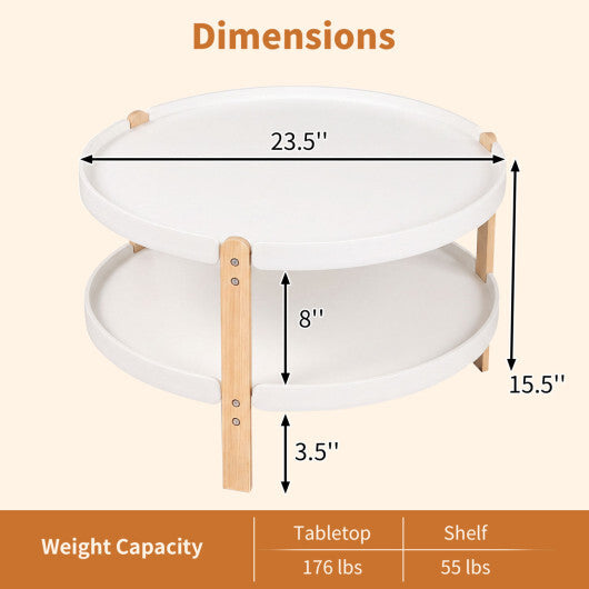 23.5" 2-Tier Round Coffee Table with Solid Wood Legs and Open Storage Shelf-White W2B