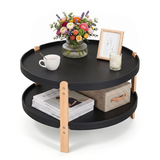 23.5" 2-Tier Round Coffee Table with Solid Wood Legs and Open Storage Shelf-White W2B