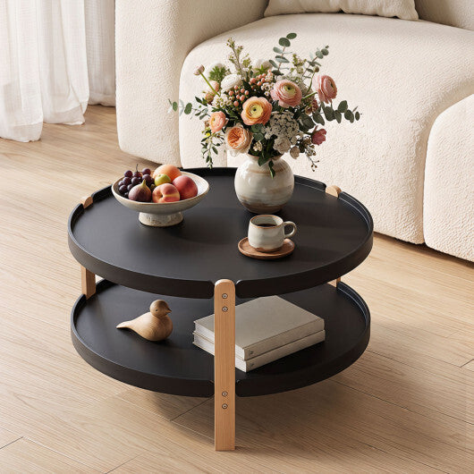 23.5" 2-Tier Round Coffee Table with Solid Wood Legs and Open Storage Shelf-White W2B
