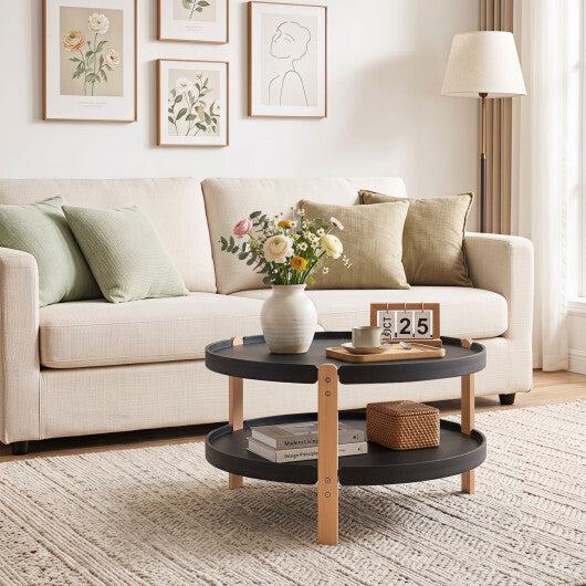 23.5" 2-Tier Round Coffee Table with Solid Wood Legs and Open Storage Shelf-White W2B