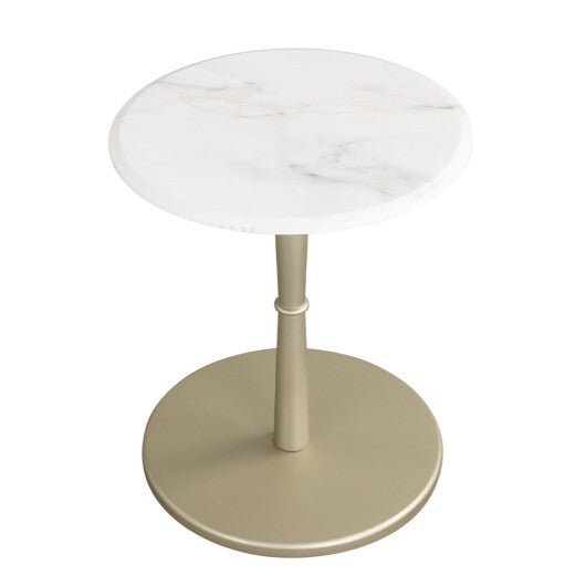 Round Marble Side Table with Stone Finish and Wooden Base for Small Spaces-White and Gold W2B