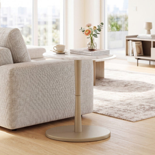 Round Marble Side Table with Stone Finish and Wooden Base for Small Spaces-White and Gold W2B