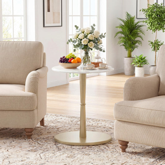 Round Marble Side Table with Stone Finish and Wooden Base for Small Spaces-White and Gold W2B