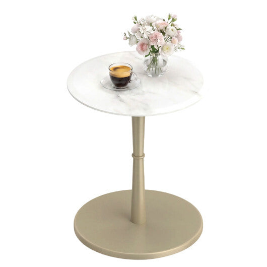 Round Marble Side Table with Stone Finish and Wooden Base for Small Spaces-White and Gold W2B