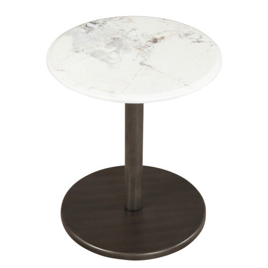 Round Marble Side Table Pedestal End Table with Stone Finish and Wooden-Black & White W2B