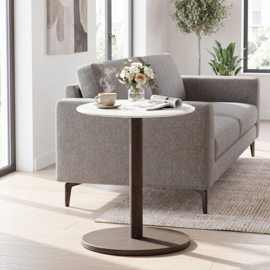 Round Marble Side Table Pedestal End Table with Stone Finish and Wooden-Black & White W2B