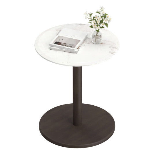 Round Marble Side Table Pedestal End Table with Stone Finish and Wooden-Black & White W2B