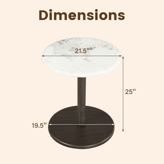 Round Marble Side Table Pedestal End Table with Stone Finish and Wooden-Black & White W2B